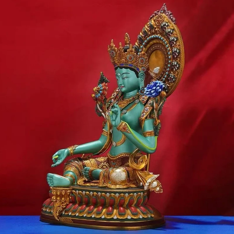 Tibetan -Style Green Tara Nepalese Artistic Statue Painted Copper Buddha Statue Hand-Chiseled Copper Buddhist Item Backlight
