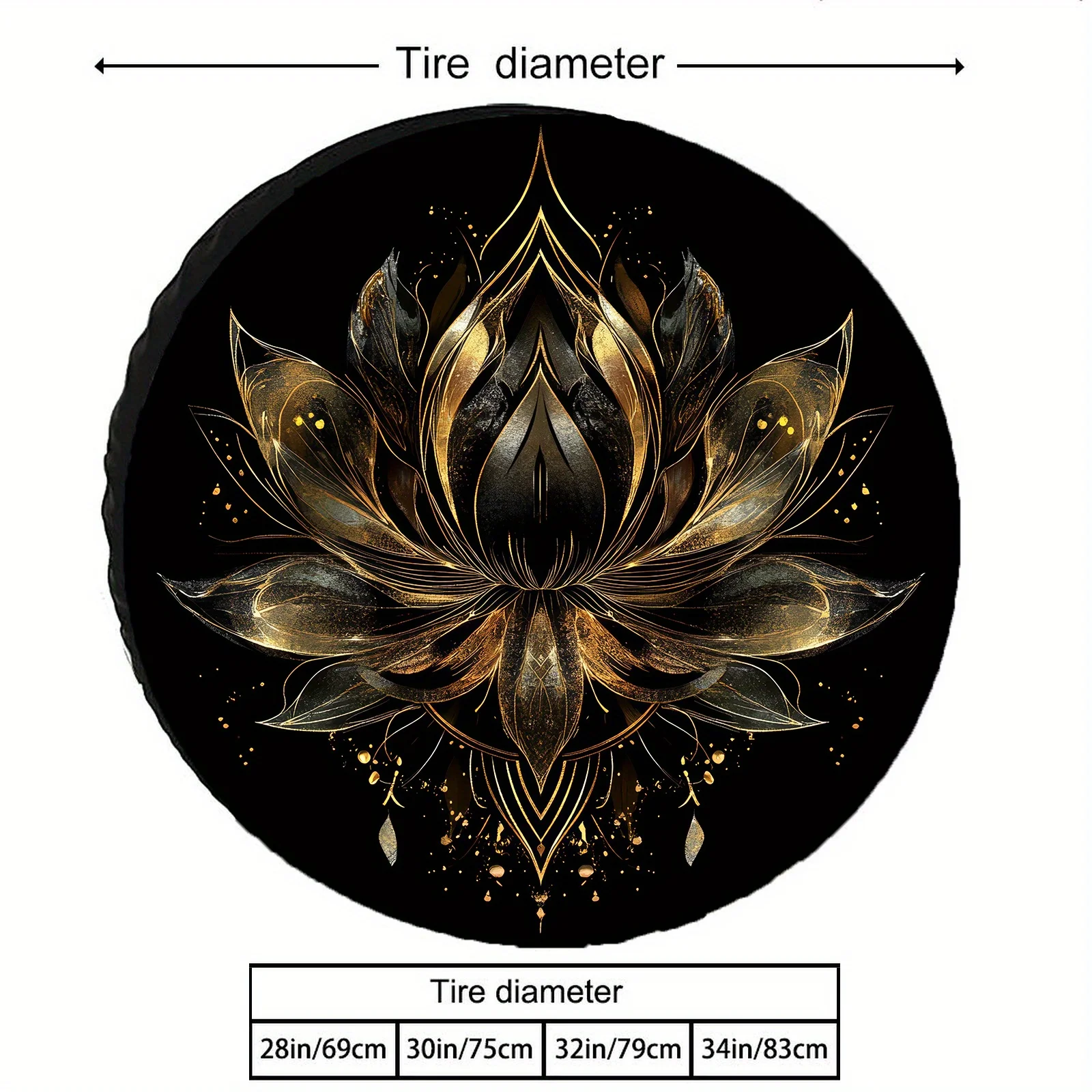 Golden For Lotus Tire Cover - Durable Polyester Fit Car Tire Protector With Elegant Black & Golden Floral Design, Tear-Resistant