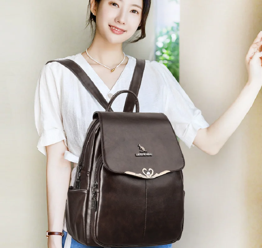 

New Korean Fashion Vintage Large Capacity Soft Leather Travel Backpacks Women's Double Shoulder Bags Totes Schoolbag Backpack