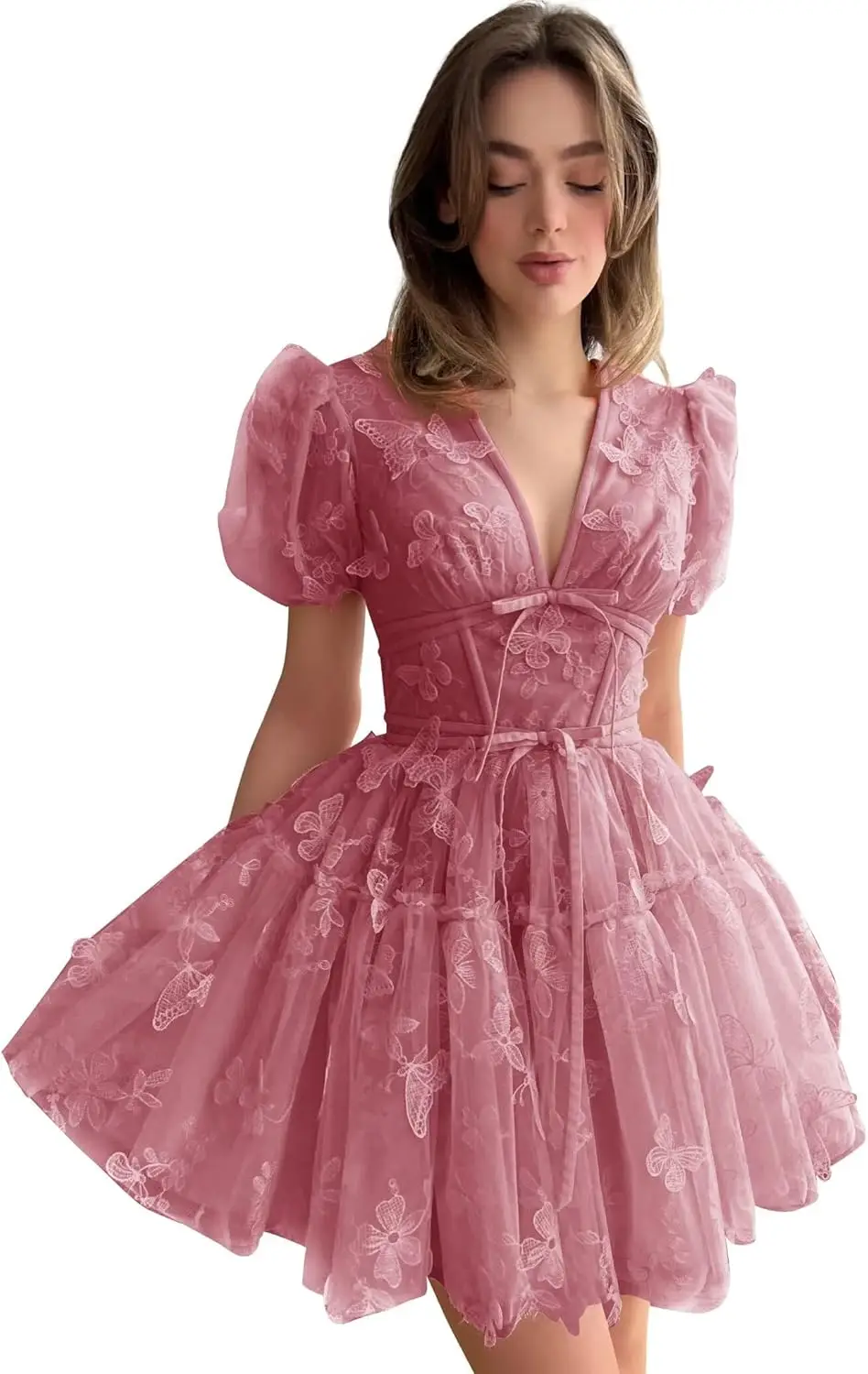 

Tulle Homecoming Dresses Short 3D Butterflies Embroidery Prom Dress V Neck Cocktail Gowns with Sleeves Mini Length