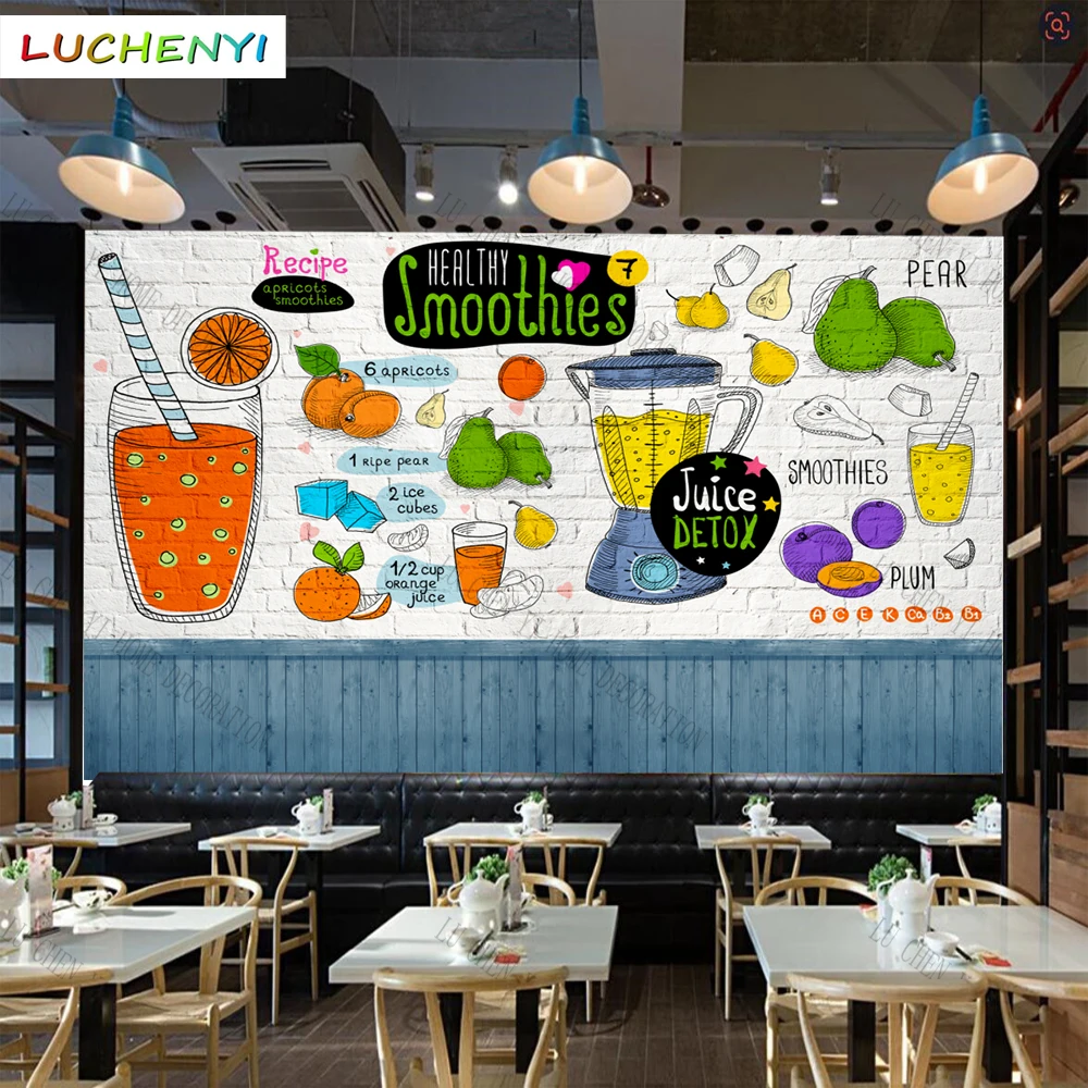 Custom colorful fruits tea juice 3d wallpaper mural restaurant juice shop kitchen dining room wall papers home decor sticker