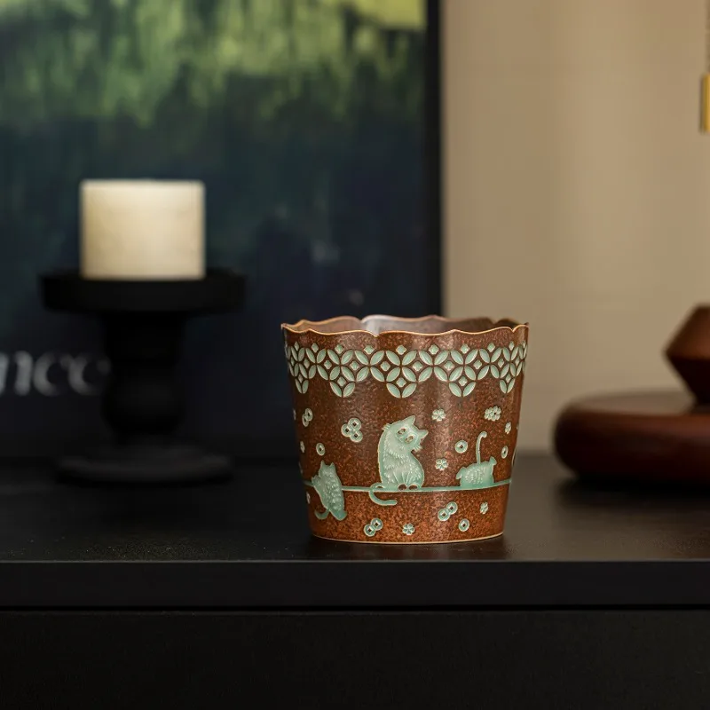 Lucky Cat Ceramic Coffee Mug, Vintage Brown Teal Kitten Pattern Scalloped Rim Cup, 300ml Retro Latte cup Home Table Decor Gift