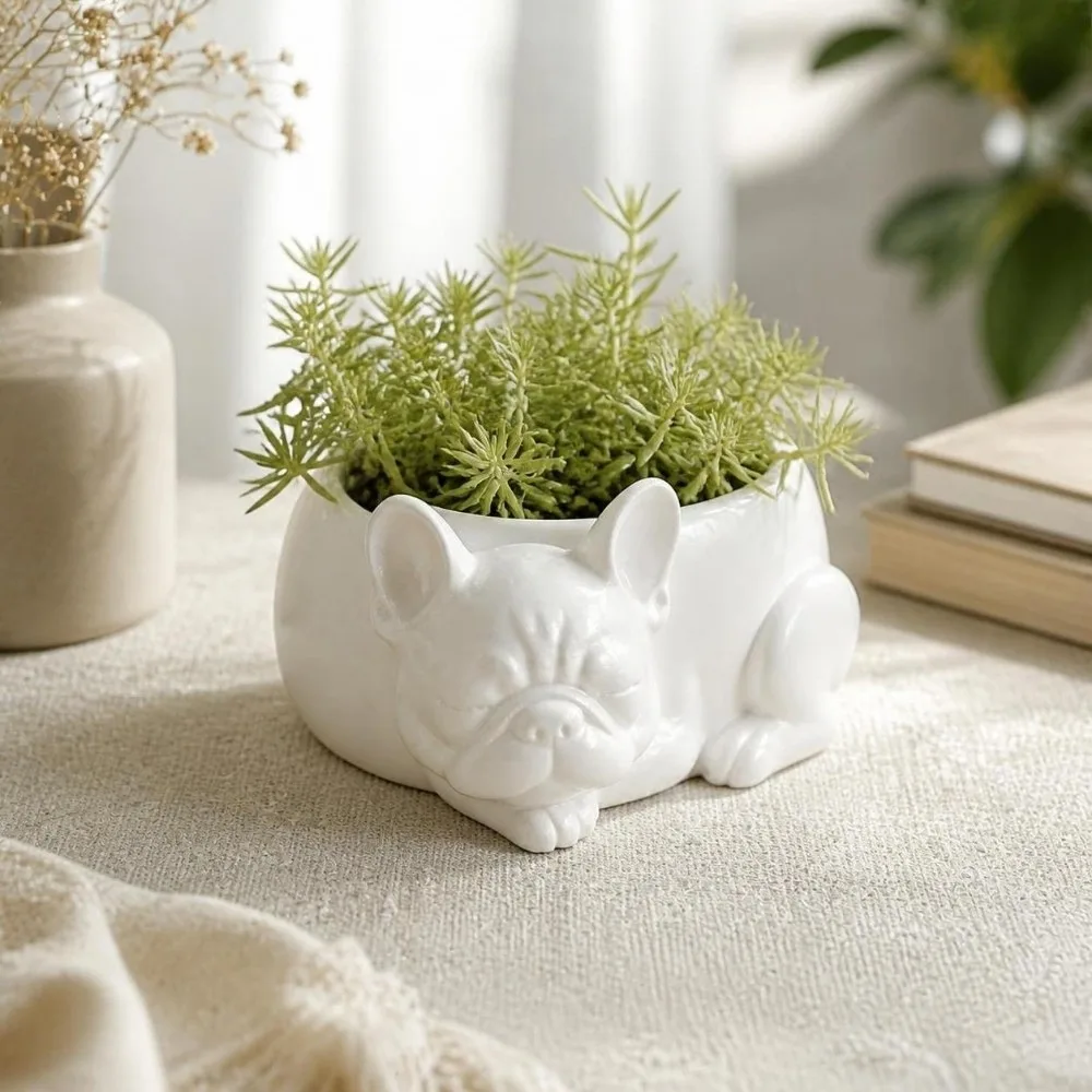 Cute 3D Printed Succulent Flower Pot Ornaments Funny Puppy Figurine Desktop Decor Creative Puppy Statue Lawn