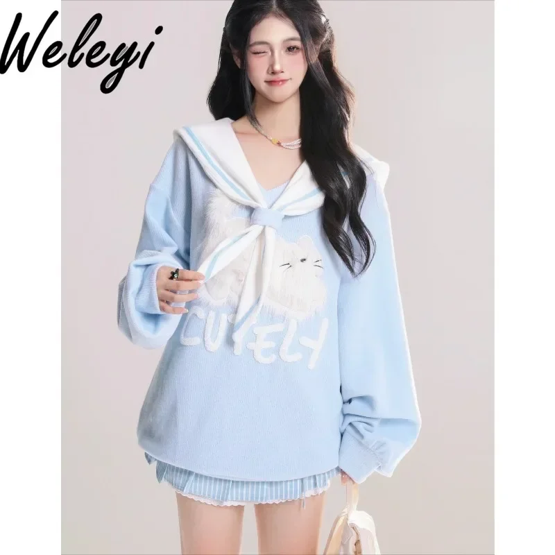 Y2K Sailor Collar Blue Towel Embroidered Sweatshirt Female 2024 Spring Autumn New Ins Women's Long Sleeve Hoopless Hoodie Top