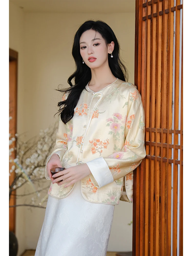 Zijde lente zomer originele Sle Chinese New School dames Jaet high-end gekreukelde geplooide top met knopen Tang-kostuum