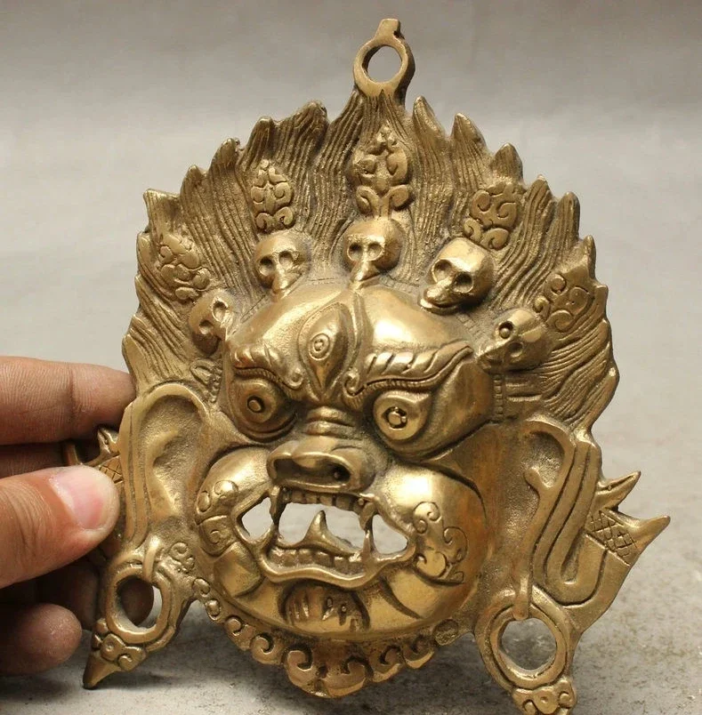 FREE shipping Tibet Buddhism Copper Brass Vajra Mahakala Buddha Head Mask Statue Wall Hanging