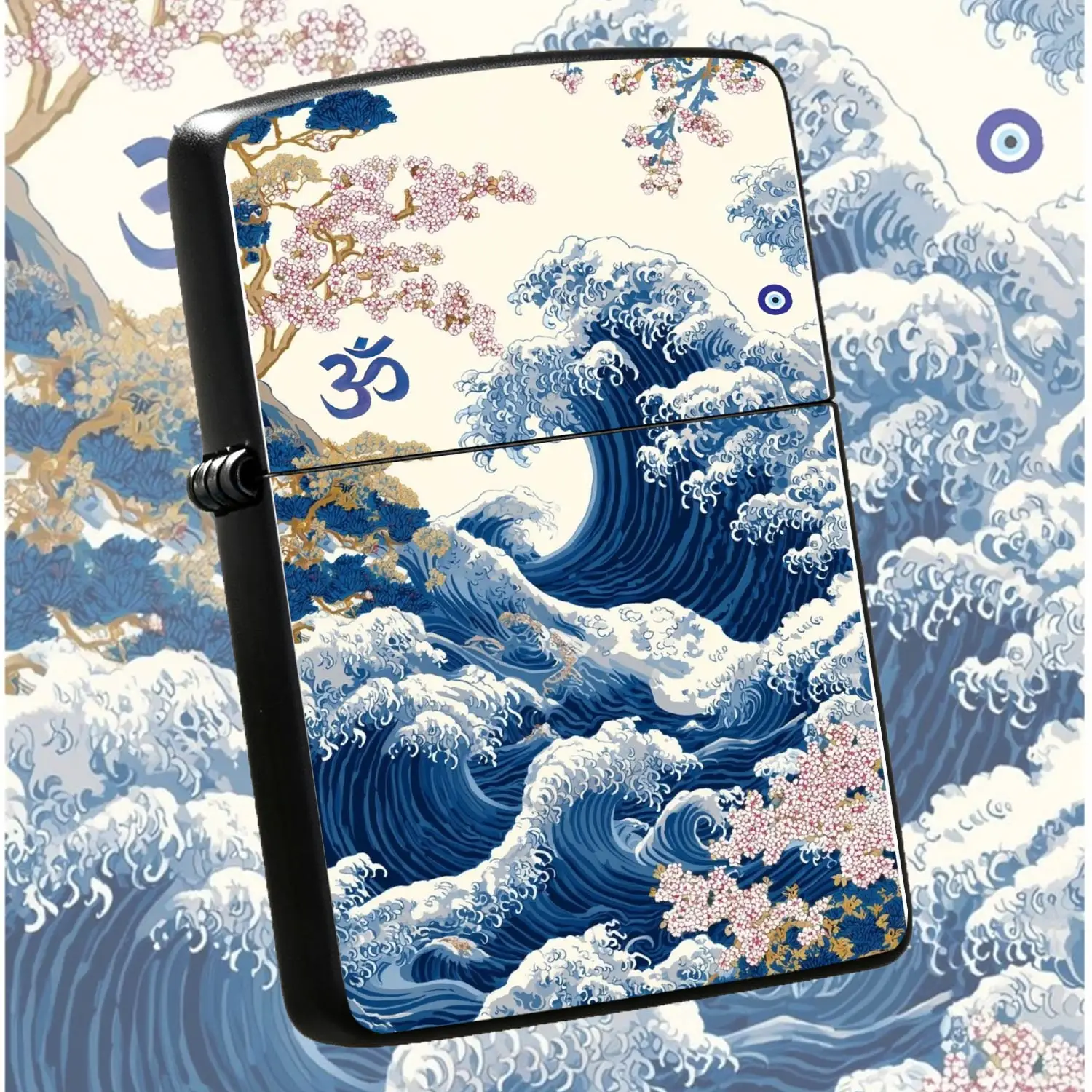 Ukiyo-E The Great Wave Pattern Lighter, Aesthetic Cherry Blossom Om Symbol Evil Eye Decorative Pocket Lighter, Trendy Portable Accessory For Daily Use, Festive Gifting Choice For Friends Family On All Occasions A Humorous And Interesting Li
