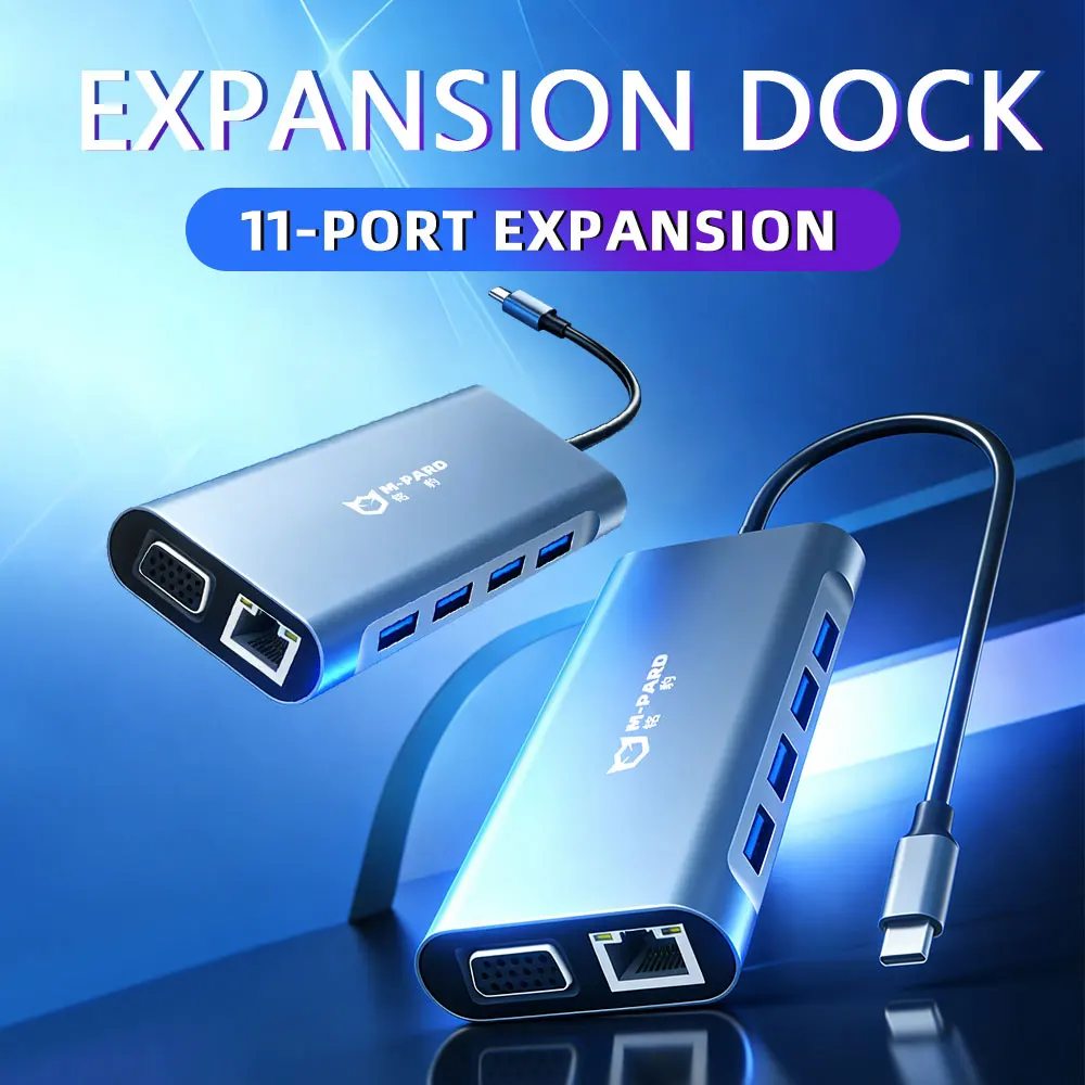 Type-C Docking Station: 3*USB2.0+USB3.0+SD/TF+45W PD+3.5mm Audio+100Mbps LAN+4K HDTV+1080P VGA, Aluminum Case