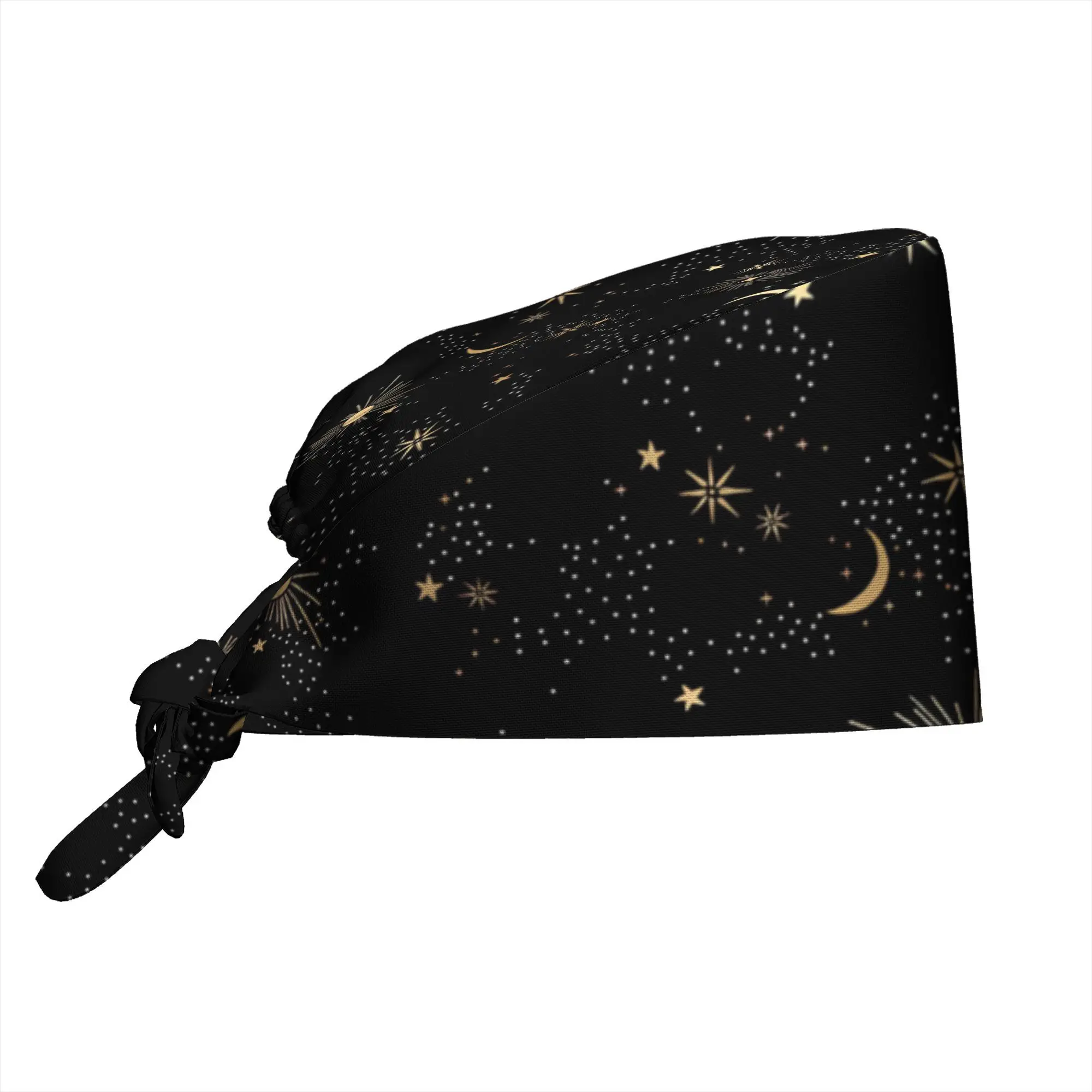 Celestial Star Moon Print Scrub Cap Gold Galaxy Pattern Adjustable Tie Back Hat Breathable Cap for Nurses Doctors