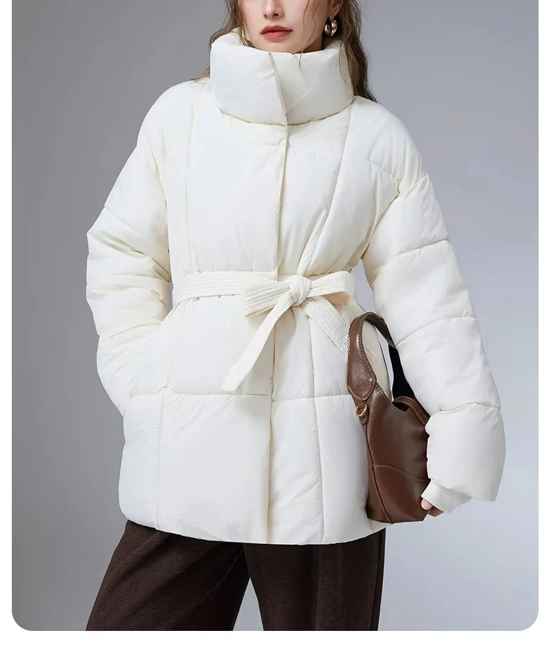 

Winter New Cotton Coat with Stand Collar and Belt, Slimming Women's Loose Versatile Cotton Jacket, Fashionable Korean Style Cotton Women's Coat
