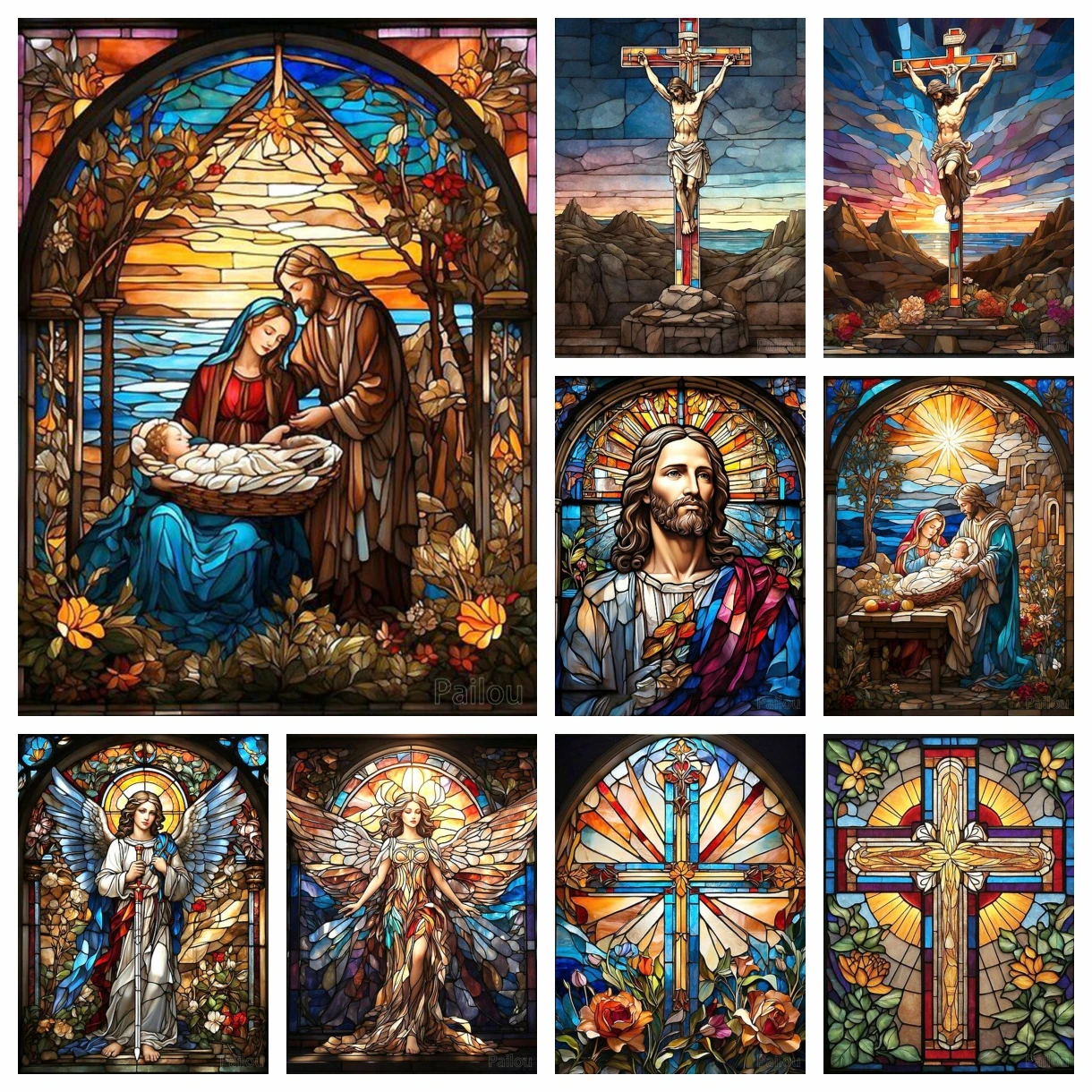 Religiöses Heiliges DIY 5D-Diamantgemälde Jesus Christus Buntglas Kunst Kreuz und Jungfrau Maria Mosaik Kreuzstich Geschenk Home Decor