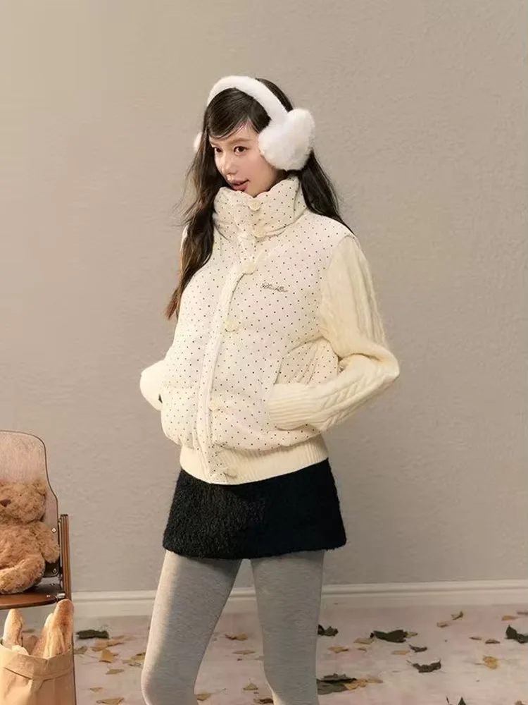 

Милые лоскутные парки в горошек, женские зимние толстые вязаные пышные пальто с длинными рукавами, японская свободная женская верхняя одежда в консервативном стиле