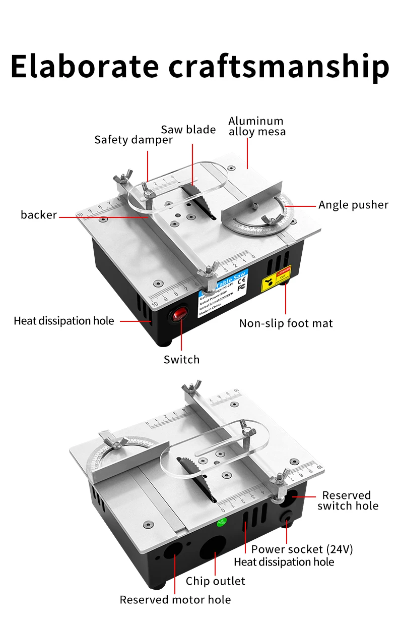 96 W Mini-Tischkreissäge, Holzbearbeitung, elektrische Tischkreissäge, 7 Geschwindigkeiten, verstellbar, DIY-Modell, Hausschnittmaschine, 63 mm Klinge – Detail 13