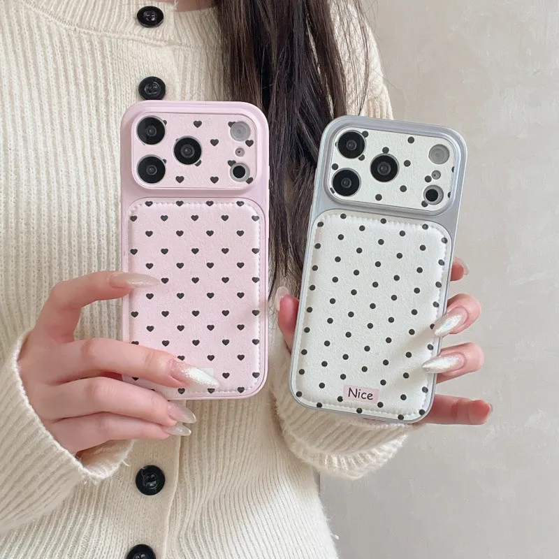 

Lovely Polka Dot Love Heart Leather Phone Case For iPhone 17 Pro 16 15 14 Pro Max Cover Shockproof Protective Cases For iPhone 1