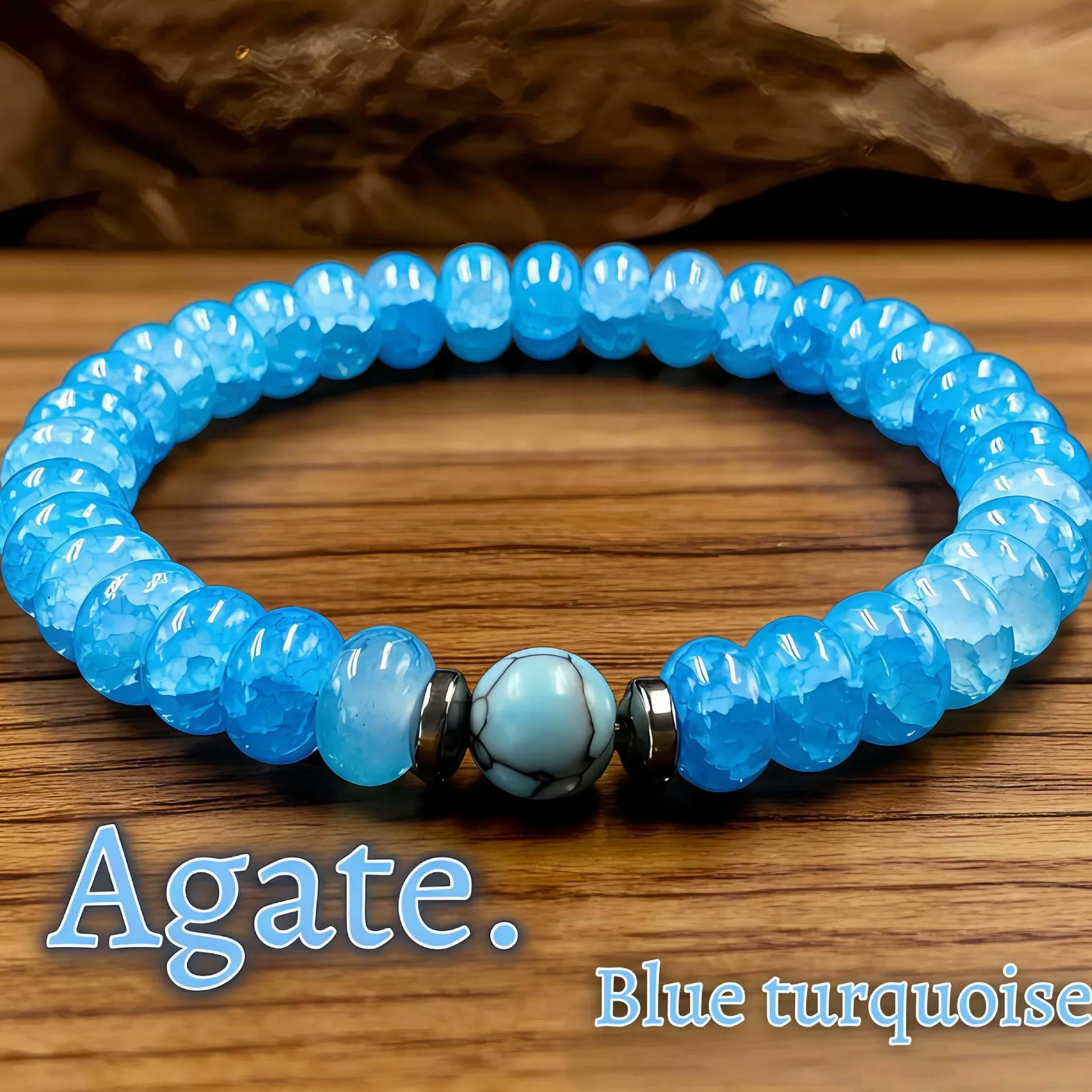 High Transparency Ice Cracked Blue Jade Abacus Beads Bracelet, Turquoise Pattern Accents, Women's Blue Tone Beaded Jewelry