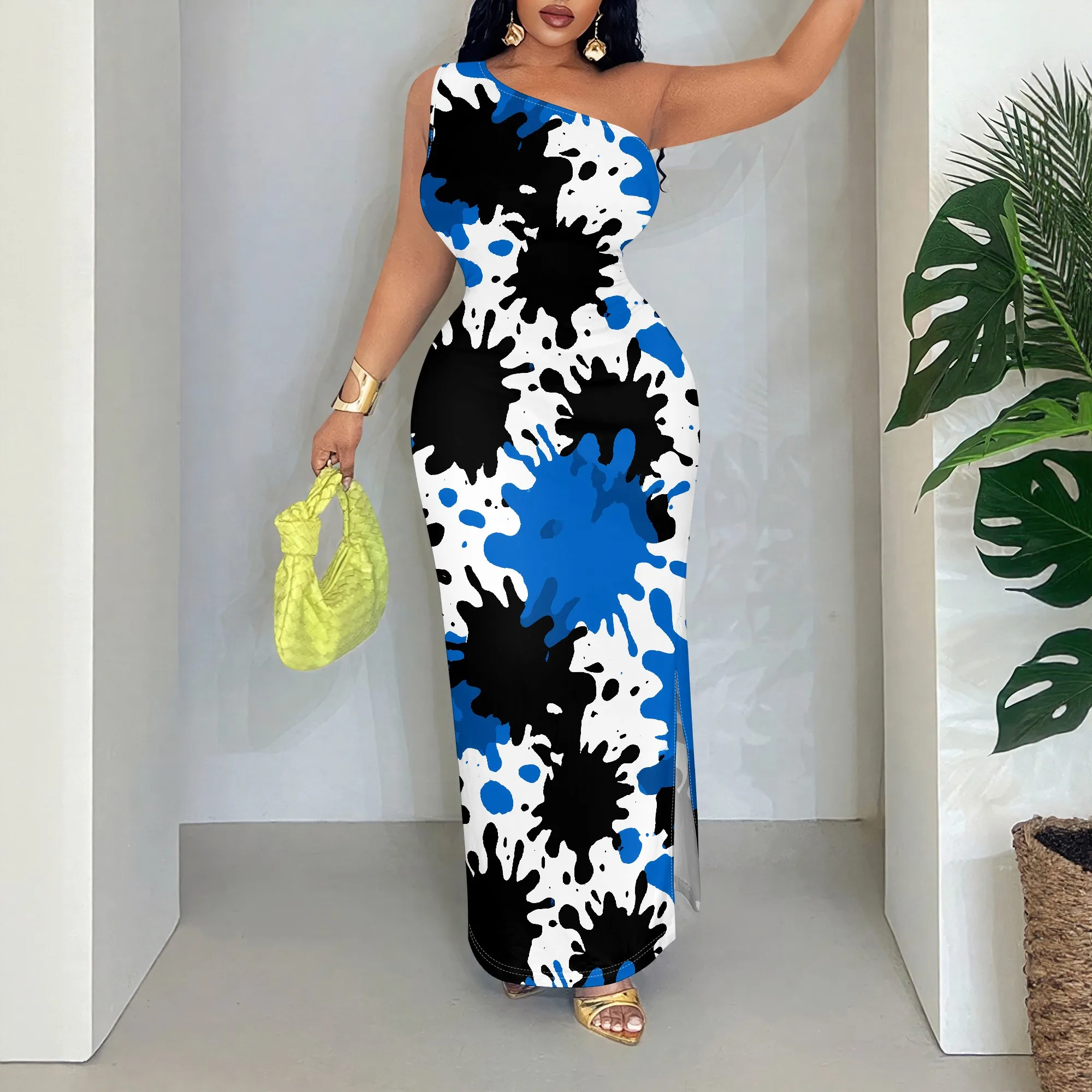 Bold Print Dress, Blue Splash Maxi, Black Ink Style, One Shoulder Party Gown, Summer Vacation Wear, S-2XL