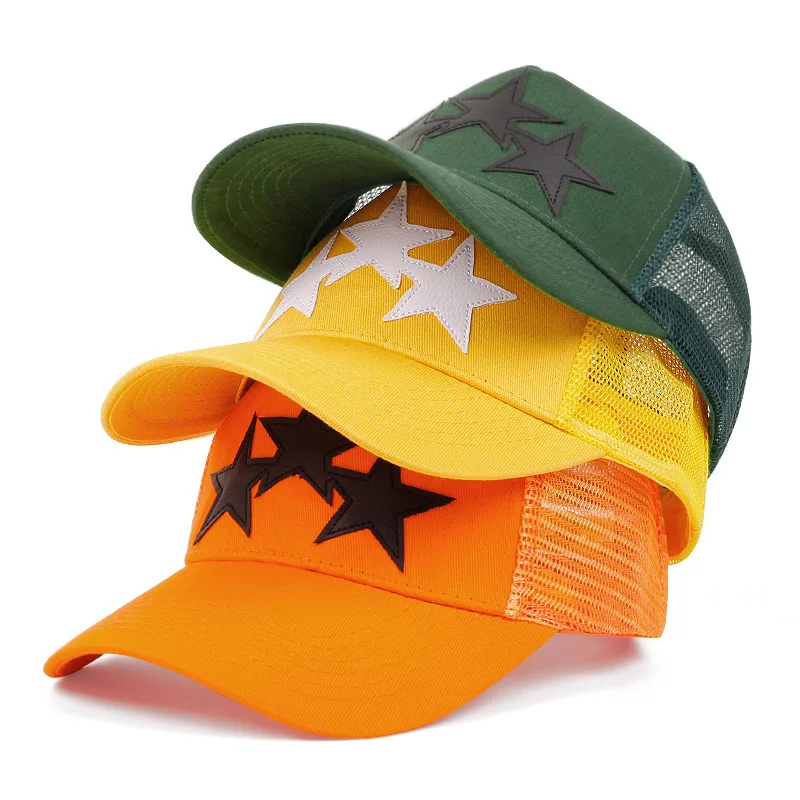 

Flat Brim Trucker Cap New Four Seasons Versatile Three-Star Sun Hat Baseball Mesh Snapback Hat