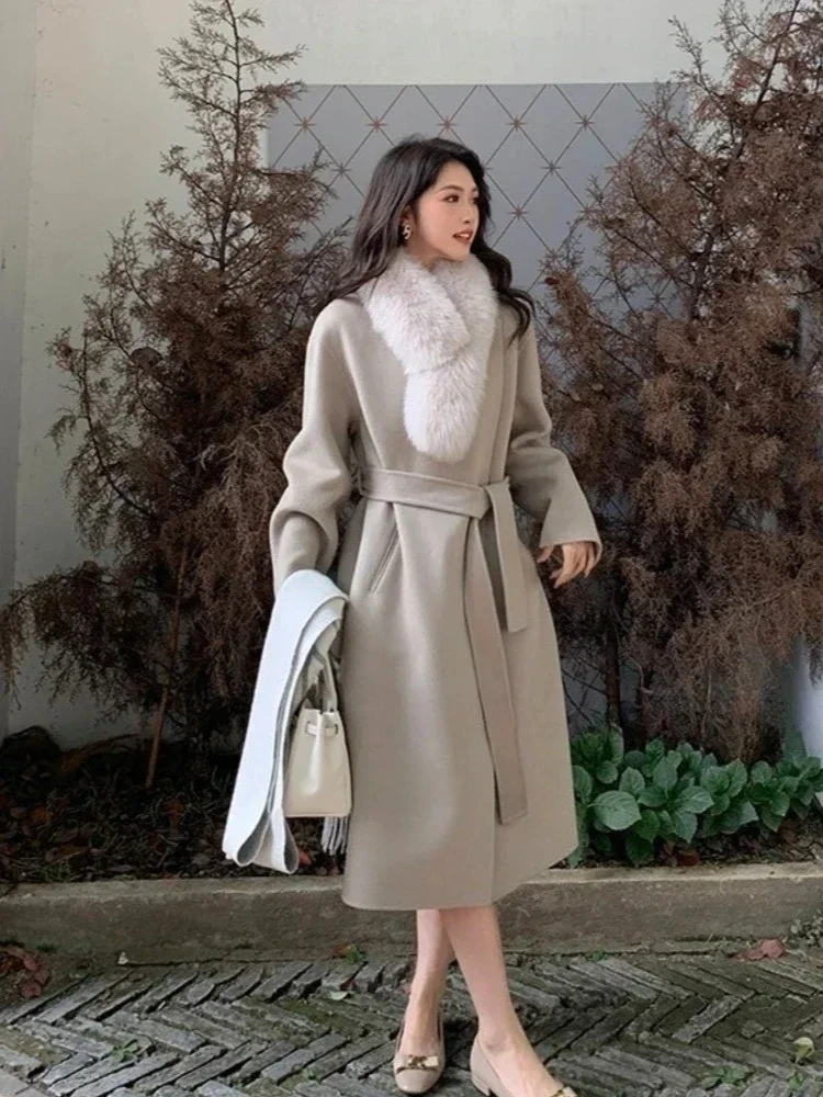 

Women New Autumn Winter Clothes Long Real Fox Fur Collar Woolen Jacket Female Fashion Warm Belt Solid Cashmere Wool Coat