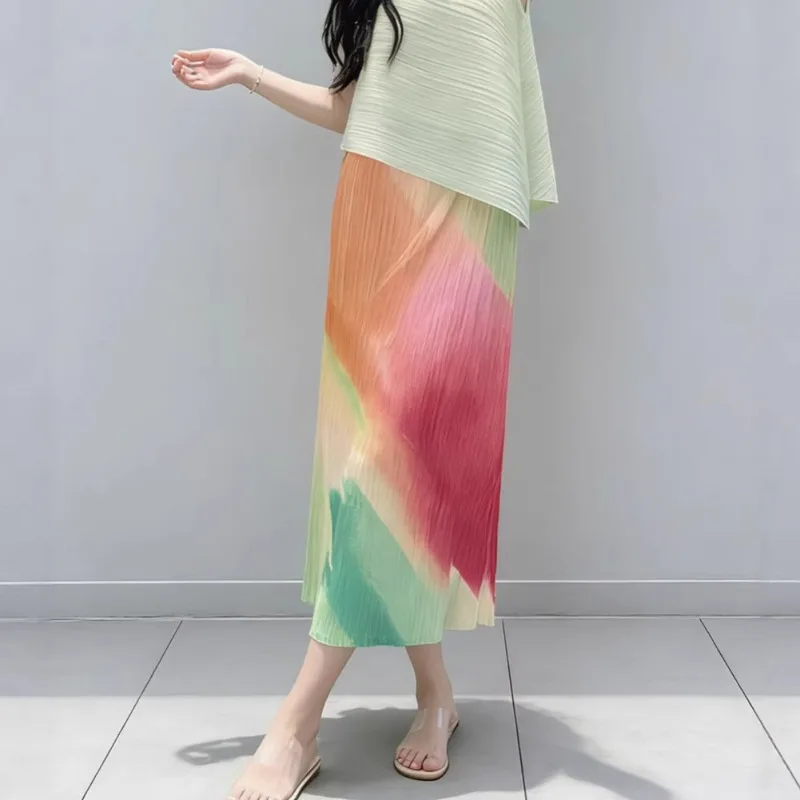 Miyake Pleated Skirt for Women 2026 New Rainbow High-end Loose Fashion Gradient Design Creative Pleated Casual Elegant Skirt