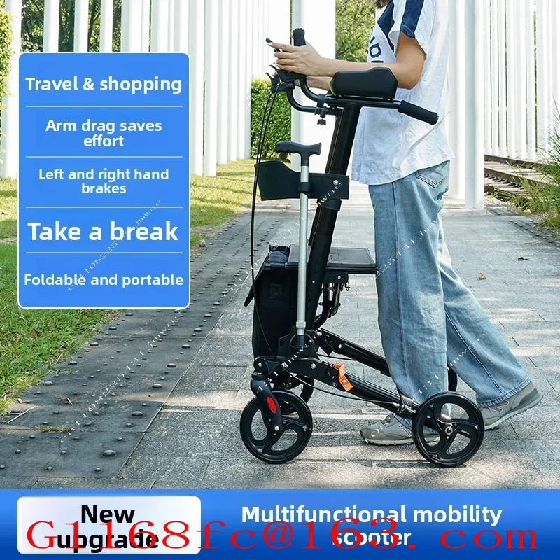 Hand Push Scooter Walking Aid for Sitting Out, Four-wheel Shopping Cart Folding Assistive Walking Aid