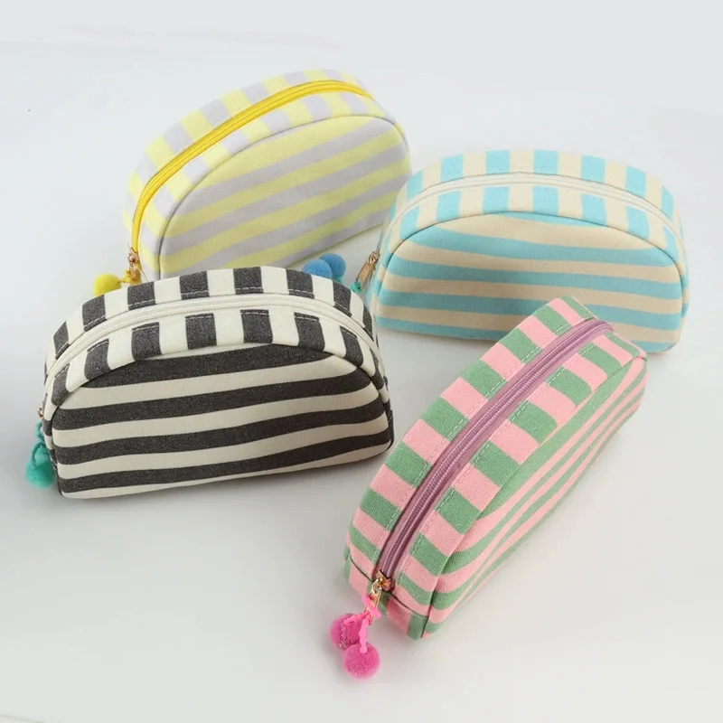 Striped Canvas Makeup Bag with Pom Pom, Shell Design Cosmetic Organizer, Large Capacity Travel Toiletry Pouch