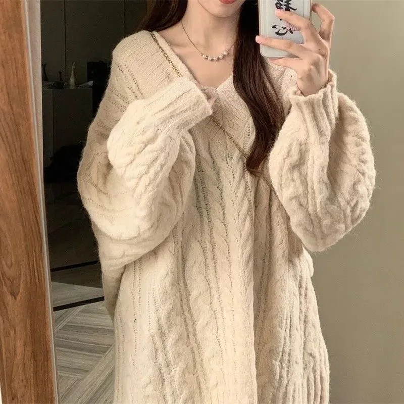 

Knee Length Pullover Patchwork Sweaters Jumpers Women Beautiful Semi-High Autumn Wild Silhouette Knitthing Illusion Flap Vintage