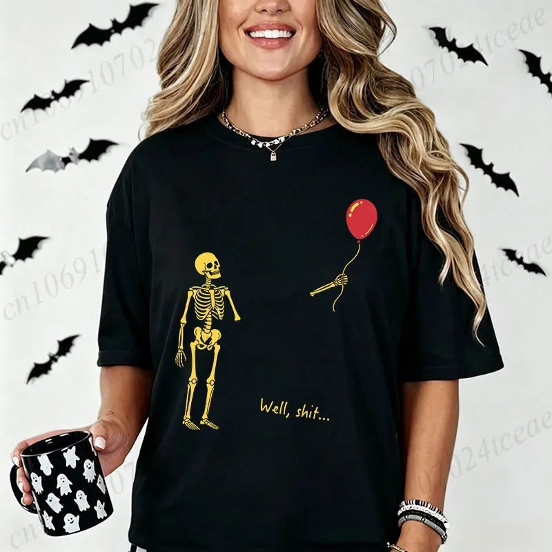 Funny Skeleton Red Balloon Halloween T-shirt Women Sarcastic Print T-Shirts Casual Short Sleeve Graphic Tee Spooky Season Gifts