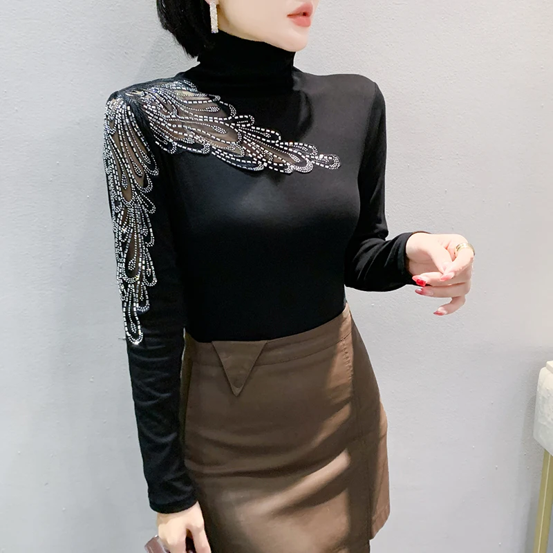 MadBlack, European Clothes T-Shirt, Sexy Women Turtleneck Hollow Out Tops, Fashion Long Sleeve Slim Tee, Autumn Winter T40908CC