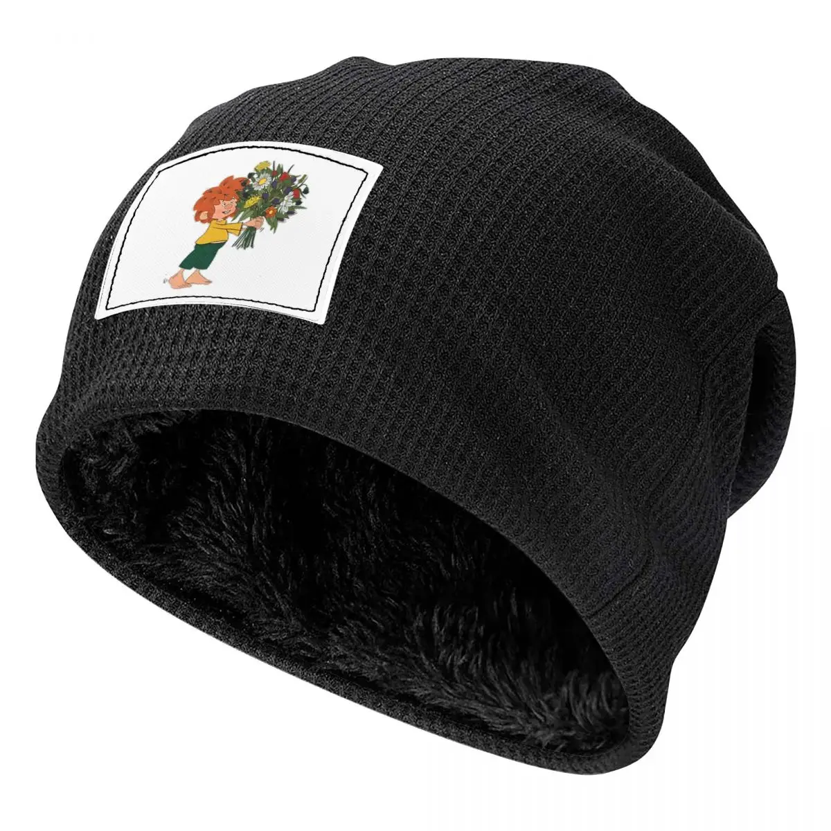 Pumuckl Halt Blumen Waffle Knit Fleece Lined Beanie with PU Leather Patch Unisex Warm Winter Soft Cap