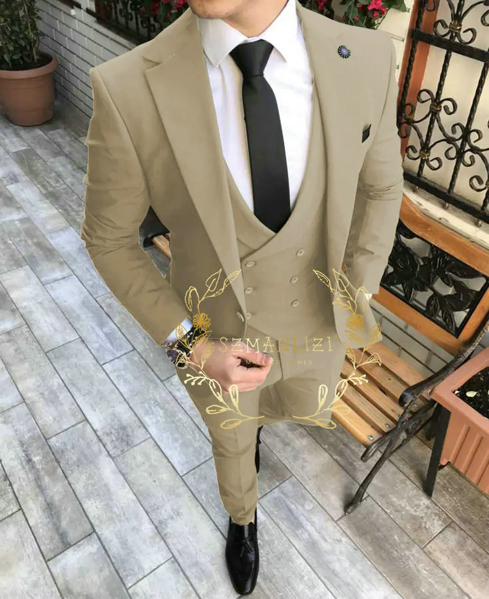 

3 Pieces Beige Suits for Men 2025 Slim Fit Groom Tuxedo Wedding Suits Best Man Groomsmen Formal Party Suit Male Trajes De Hombre