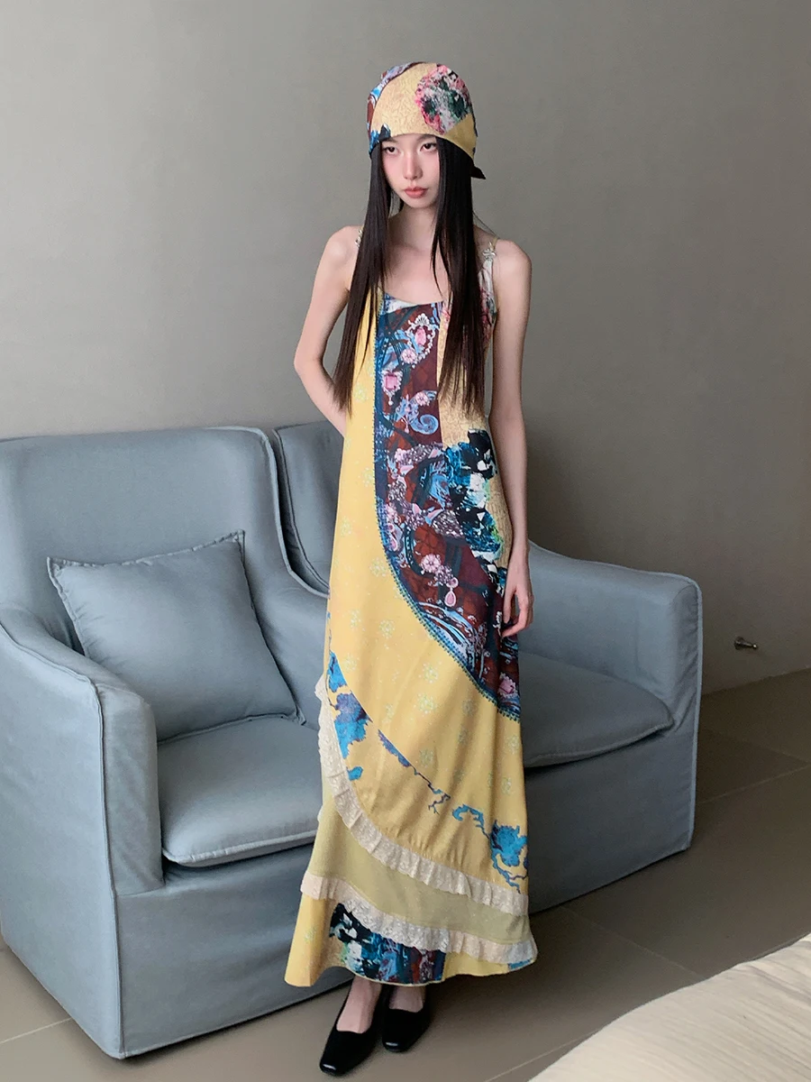 REDDACHiC Women Stitch Lace Camisole Long Dress Aesthetic Print A-line Snake-shaped Buckle Loose Sundress Vintage Boho Clothes