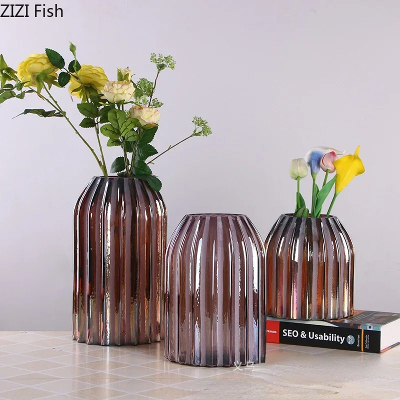 Creative Vertical Pattern Glass Vase Dried Flower Decoration Frosted Hydroponic Flower Vase Countertop Living Room Decoration