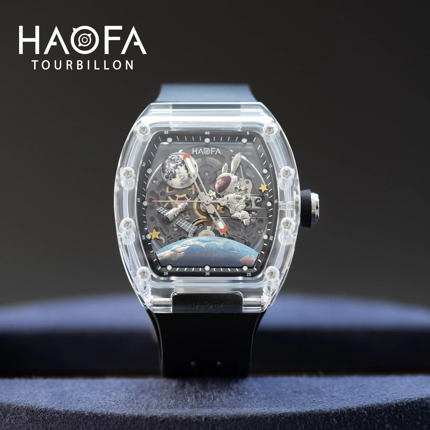 Haofa Automatic Hollow Transparent Watch 3D Interstellar Spaceship Mechanical Watch for Men Luminous Moon Rabbit Men Watch 2320
