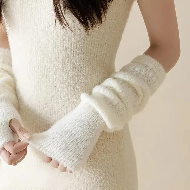 Winter Warm Long Sleeves Gloves for Women Fingerless Solid Color Hip-Hop Knitted Elbow Mittens Elastic Outdoor Warmer Arm