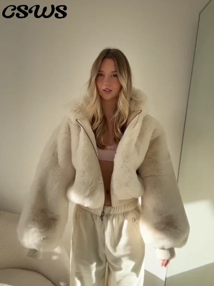 Damskie kurtki z kapturem z imitacji futra, modne, zapinane na zamek, z długim rękawem, grube, luźne, krótkie, ciepłe płaszcze damskie, odzież wierzchnia na zimę 2025.