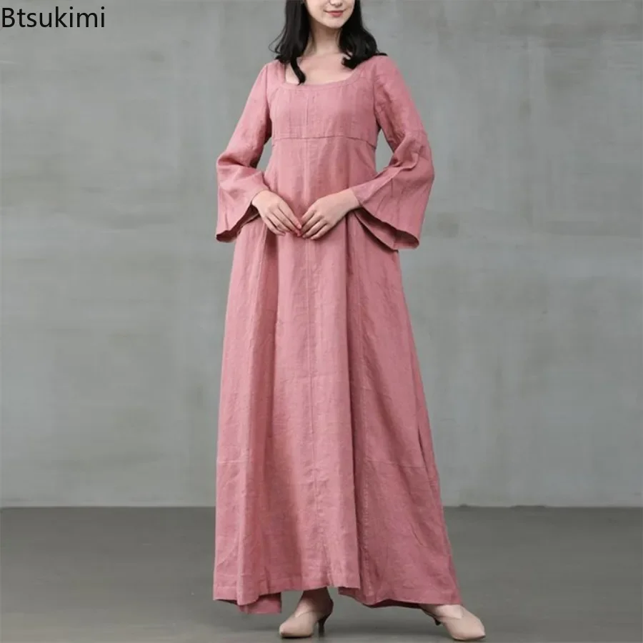 New Vintage Women Maxi Dress Fashion Square Collar Flare Sleeve Cotton Sundress Loose Party Dresses for Lady Robe Casual Vestido