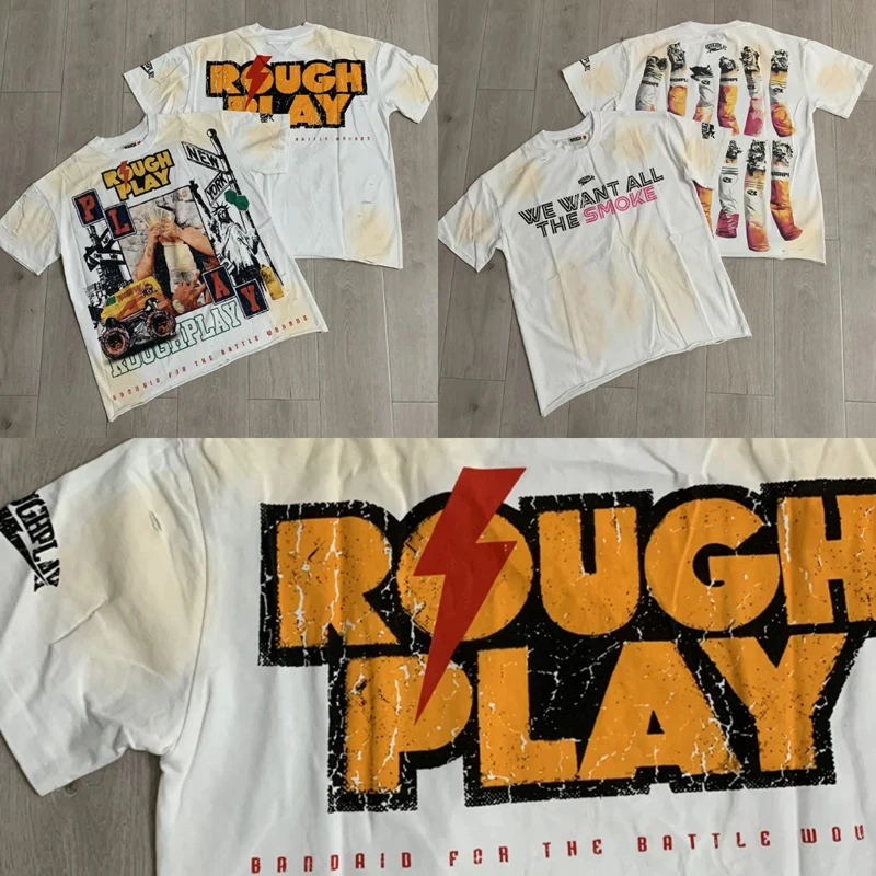 Street Vintage Rough Play T-shirt Hip Hop Ripped Hole Loose Casual Short Sleeve Top Men Women