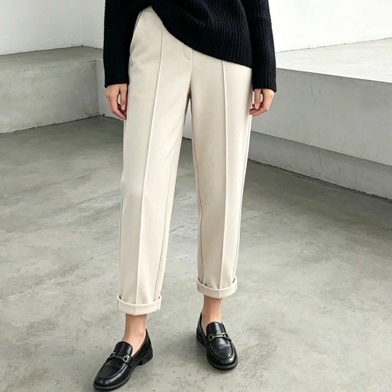 Solid Minimalist Commuter High Waist Suit Pants Women 2026 Autumn Winter Pleated Seam Cuffed Ankle Length Casual Trousers