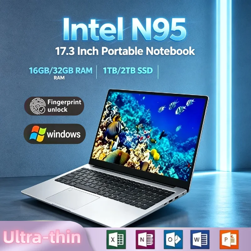 Intel N95 17.3 Inch Gaming Laptop 16GB RAM 2TB SSD Backlit Keyboard Fingerprint Unlock Windows Office Pro Max