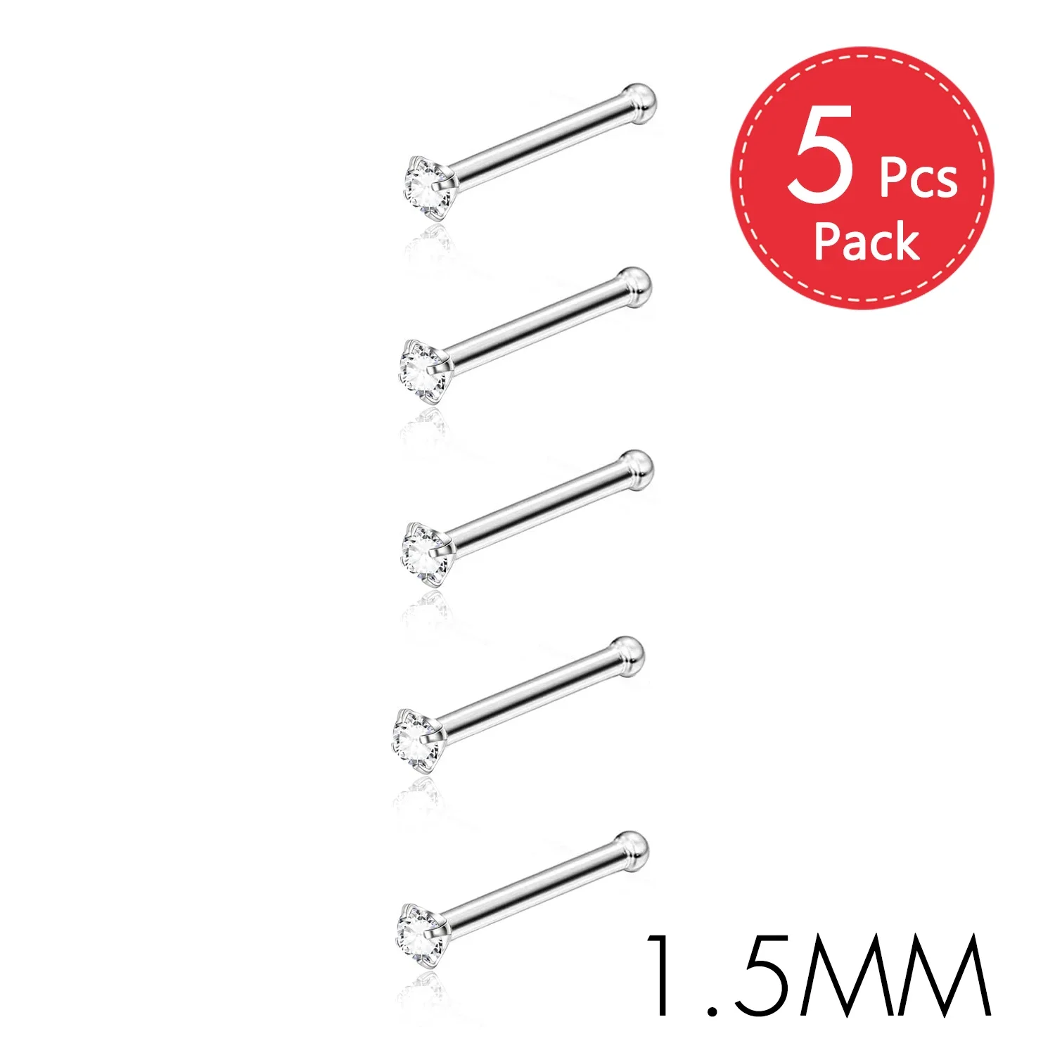 CZ Gem Stainless Steel Nose Piercing Studs, 5Pcs Set