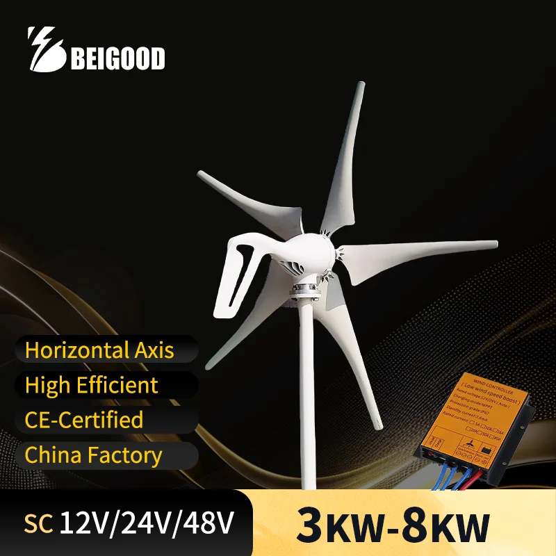 CE-Certified low Noise 3KW 5KW 8KW Horizontal Axis Wind Turbine 5/6 Blades 12v 24v 48v Off-grid System Suitable For Small Plants