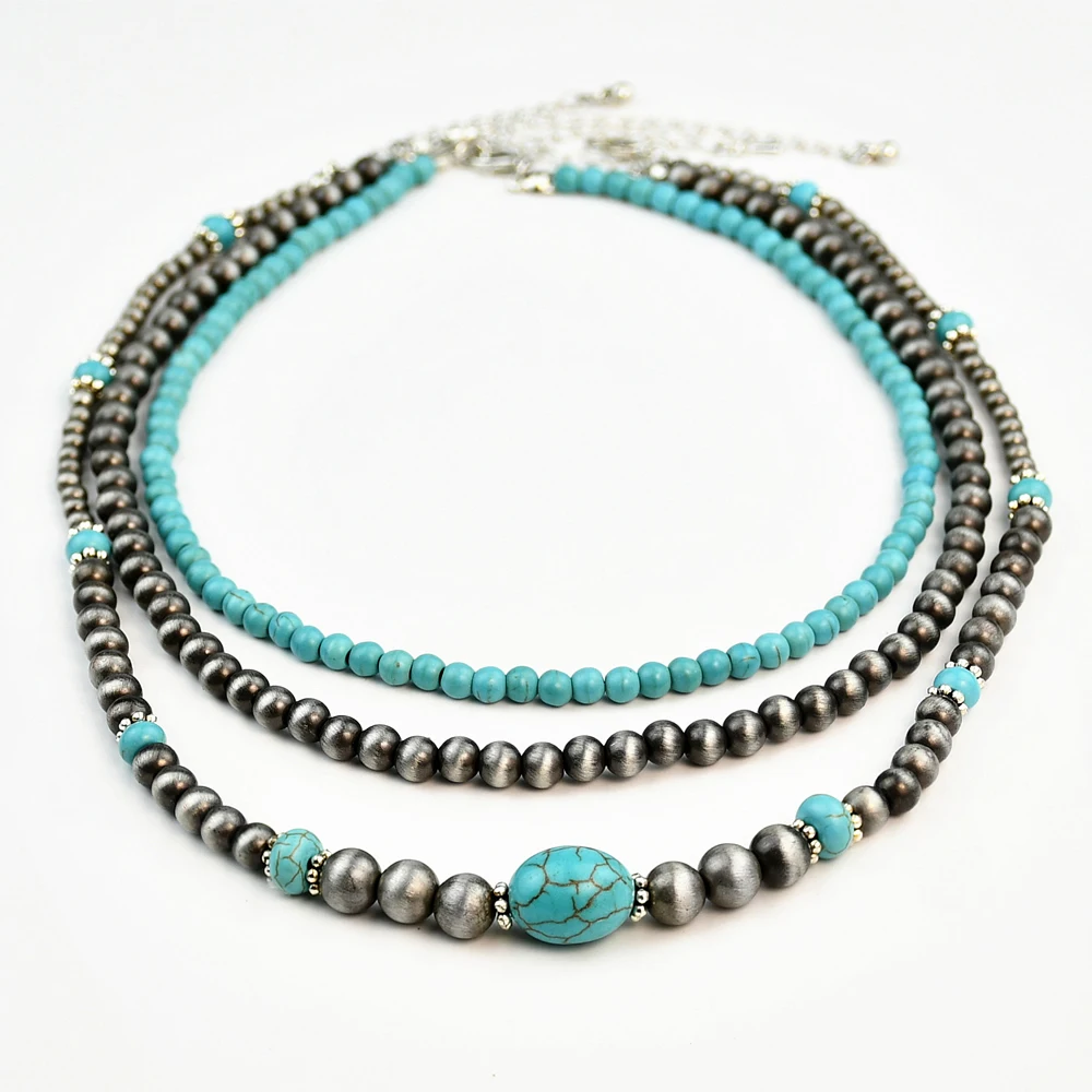 Yumfeel 3pcs Navajo Style Antique Lacquer Plated Beads Turquoise Necklace Women Western Vintage Vacation Choker Handmade Jewelry