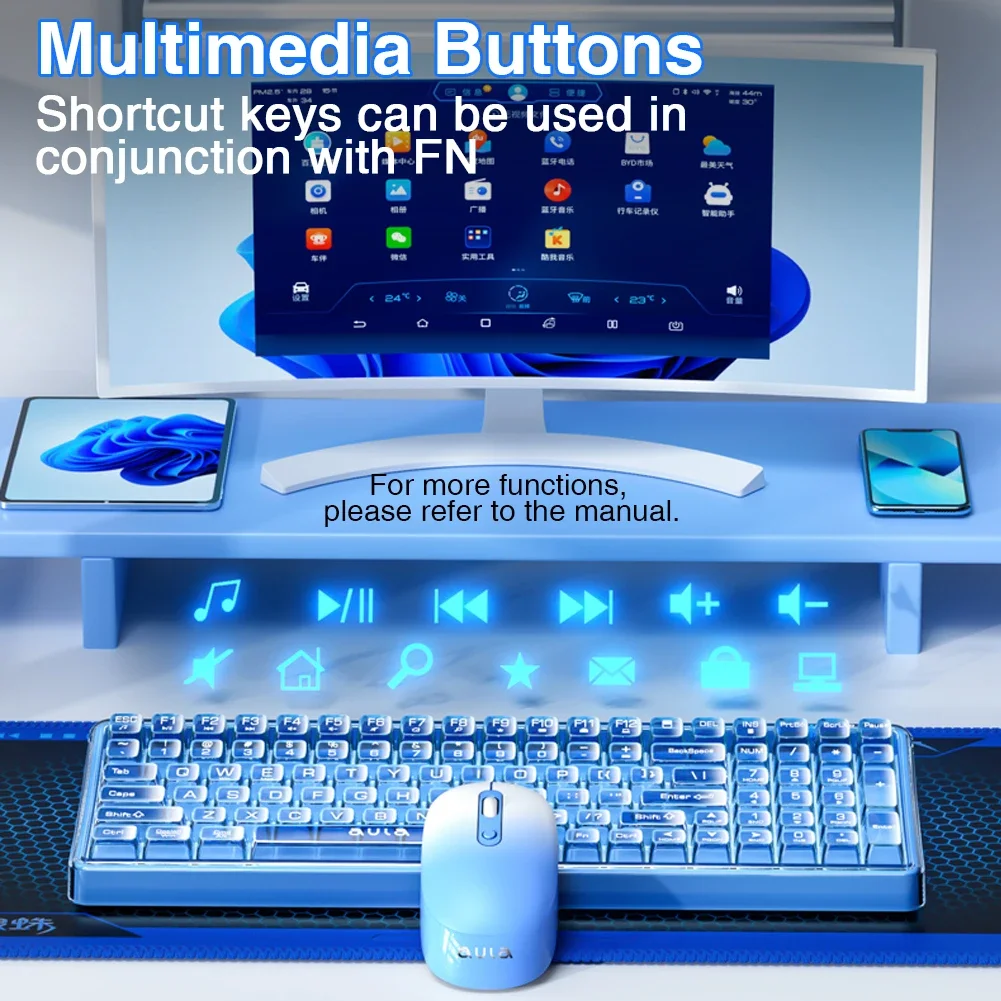 Imagem -04 - Conjunto Transparente de Teclado e Mouse Aacula 210 Combo Ergonomicamente Teclado 2.4g sem Fio Função Multimídia Personalizada