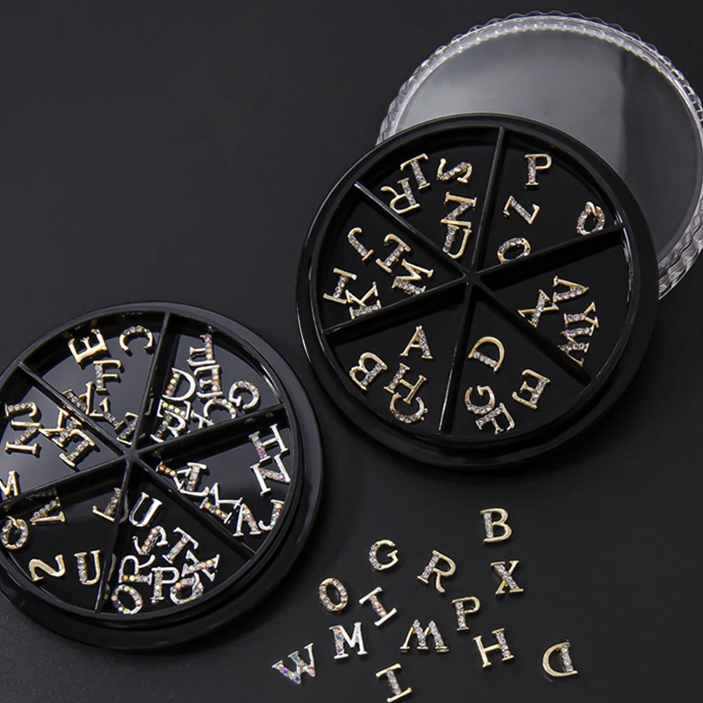

52pcs Letter Nail Charm Bright Luster Decorations DIY Manicure Rhinestones Accessories Alloy Six Grid Box Packaging