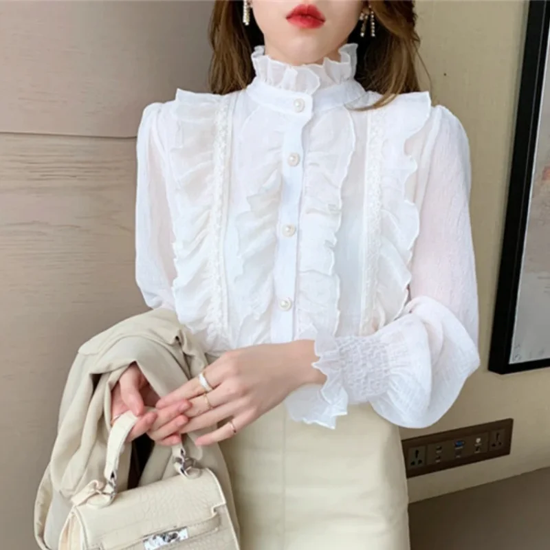 Fashion Vintage Ruffles Chiffon Long Sleeve Autumn Women Shirts 2024 Office Lady Elegant Casual Loose White Blouses Lace Tops