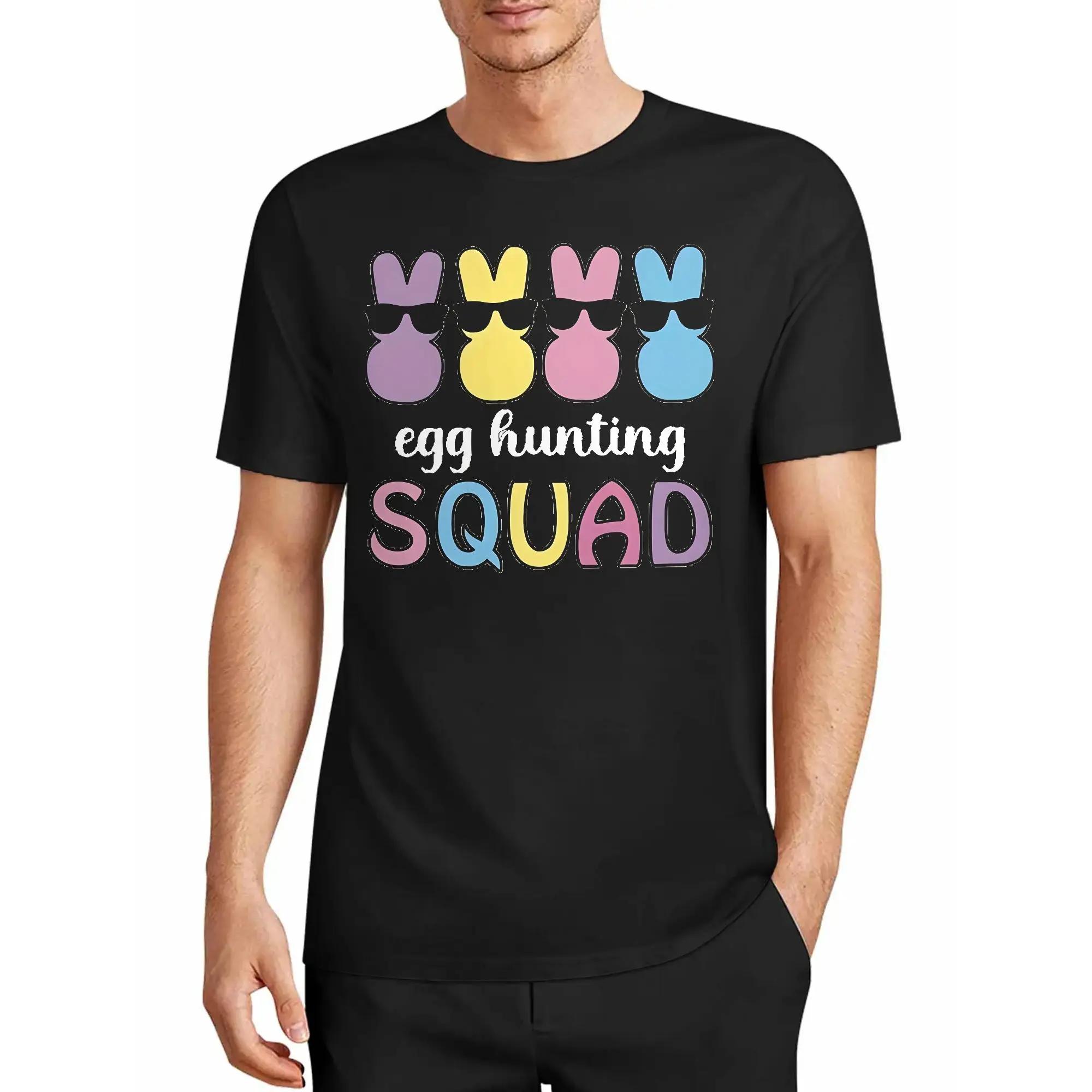 The Sunglasses-Wearing Bunny Is Ready to Go on an Easter Romantic Adventure Filled with Candy and Surprise Eggs. Black Base Loose-Fitting Short-Sleeved Top