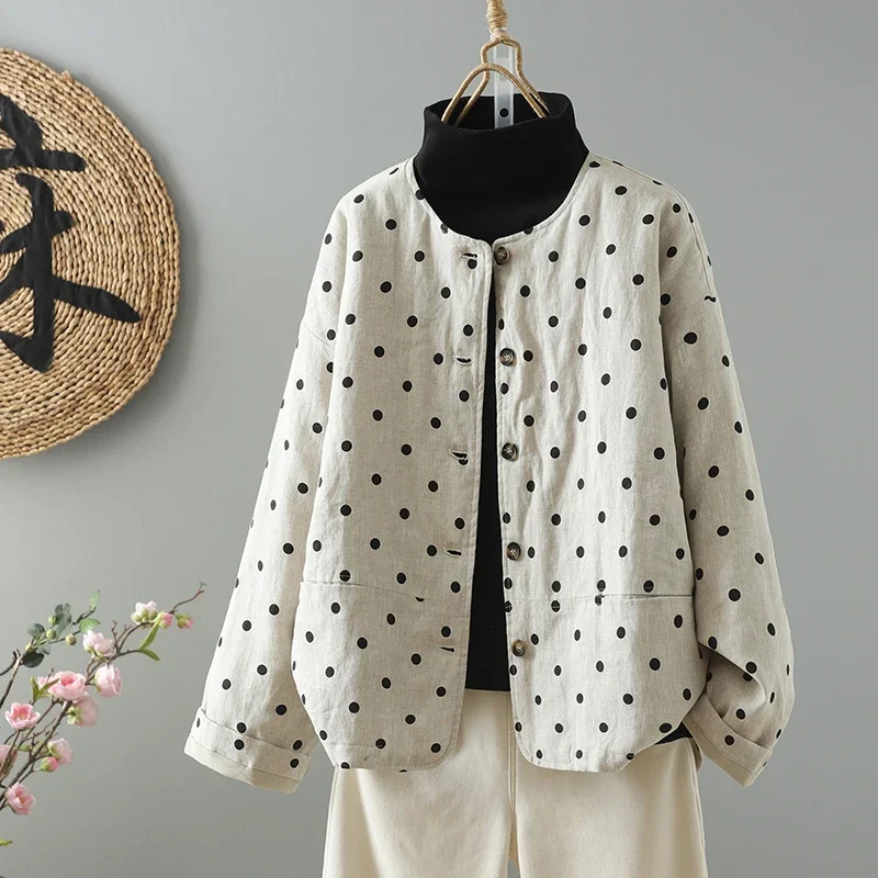 Winter Jacket Women Vintage Casual Polka Dot Cotton Coat Womens O-neck Loose Fashion Outwear Literary Plus Size