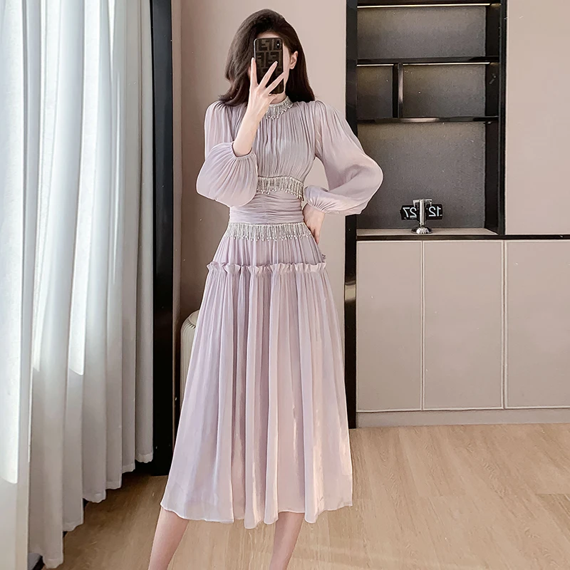 French Designer Fashion Women Organza Stand Collar Party Dress Luxury Spring Diamonds Tassel Ruffles Puff Sleeve Slim Midi Dress