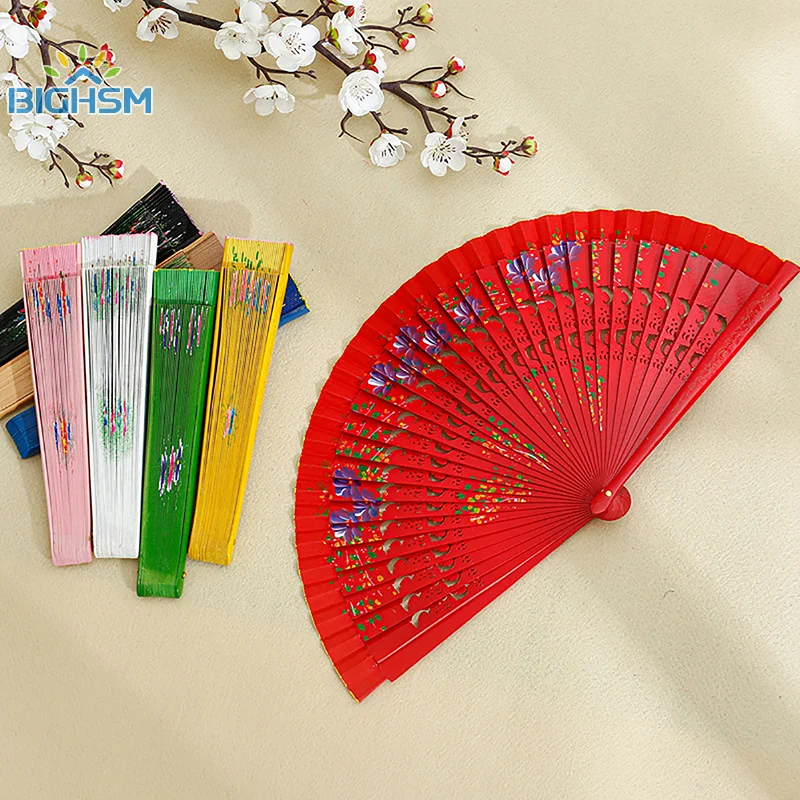 Chinese Style Folding Fan Hollow Double-sided Dancing Printing Wood Spanish Hand Fan Party Supplies Home Ornaments Craft Gift