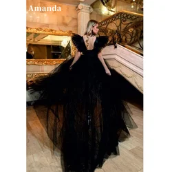 Amanda Black High Low Evening Dress Sexy Deep V-neck Prom Dress 2023 Exaggerate Sleeve Party Dress Tulle فساتين مناسبة رسمية